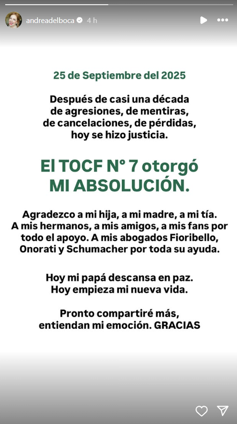 El posteo de Andrea del Boca. Foto: captura de pantalla Instagram/ @andreadelboca. El posteo de Andrea del Boca. Foto: captura de pantalla Instagram/ @andreadelboca. 