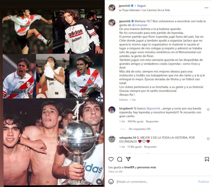 La publicación de Sorín antes del Choque de Leyendas. Foto: Instagram / @jpsorin6. La publicación de Sorín antes del Choque de Leyendas. Foto: Instagram / @jpsorin6.