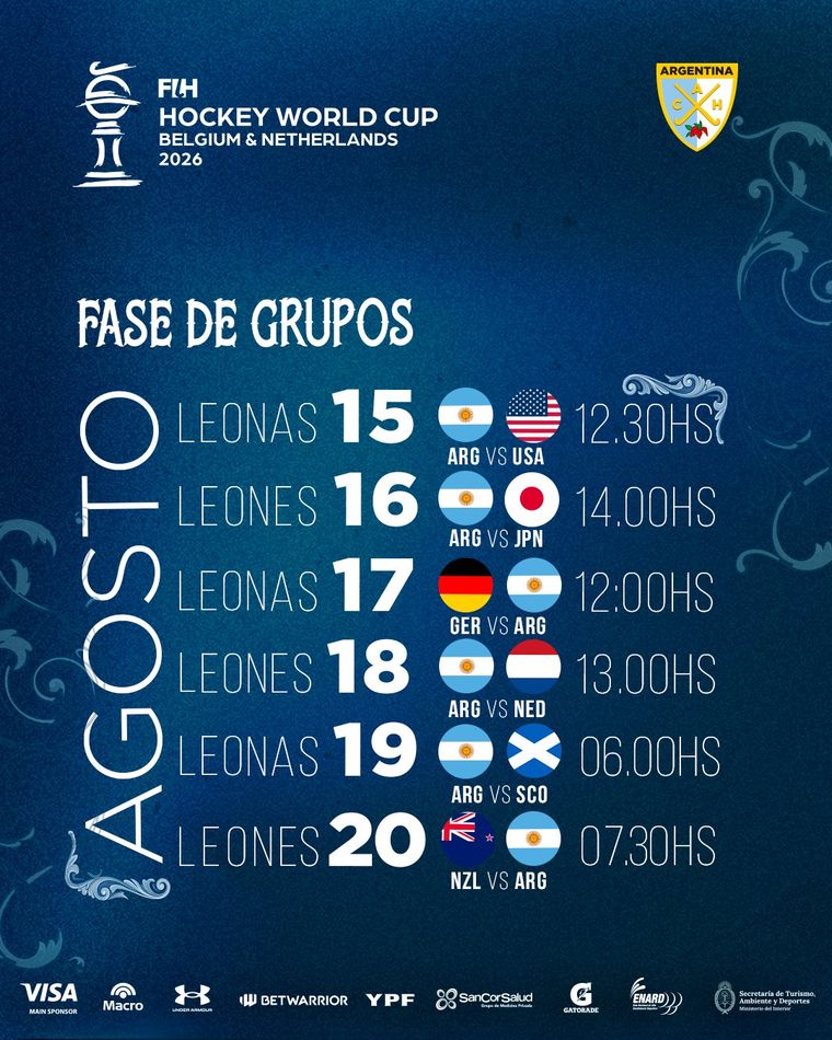 El fixture de las Leonas y los Leones en la fase de grupos del Mundial 2026. El fixture de las Leonas y los Leones en la fase de grupos del Mundial 2026.