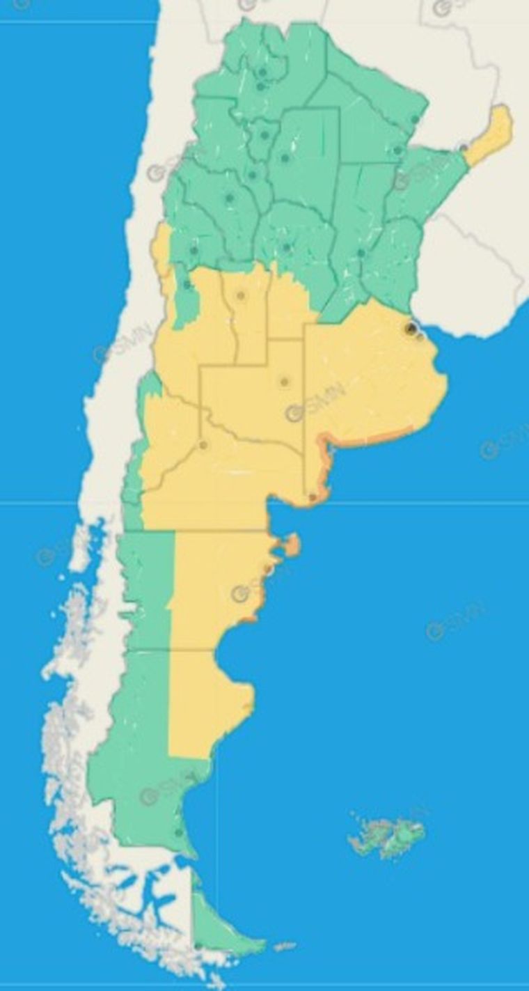 Alertas amarillas y naranjas en gran parte del país para este domingo 22 de junio. Foto: SMN. Alertas amarillas y naranjas en gran parte del país para este domingo 22 de junio. Foto: SMN.