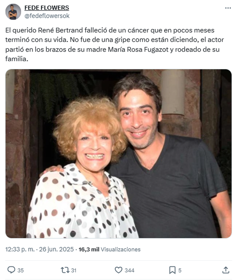 El posteo de Federico Flowers aclarando la causa de muerte del actor. Foto: captura de pantalla X/ @fedeflowers. El posteo de Federico Flowers aclarando la causa de muerte del actor. Foto: captura de pantalla X/ @fedeflowers.