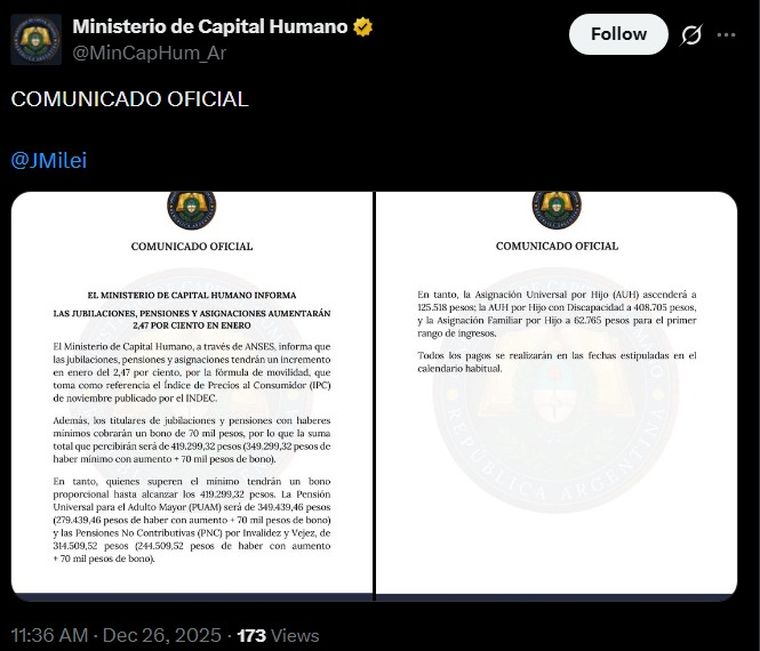 El comunicado oficial del Ministerio Capital Humano en X, arrobando a Javier Milei. Fuente: X El comunicado oficial del Ministerio Capital Humano en X, arrobando a Javier Milei. Fuente: X