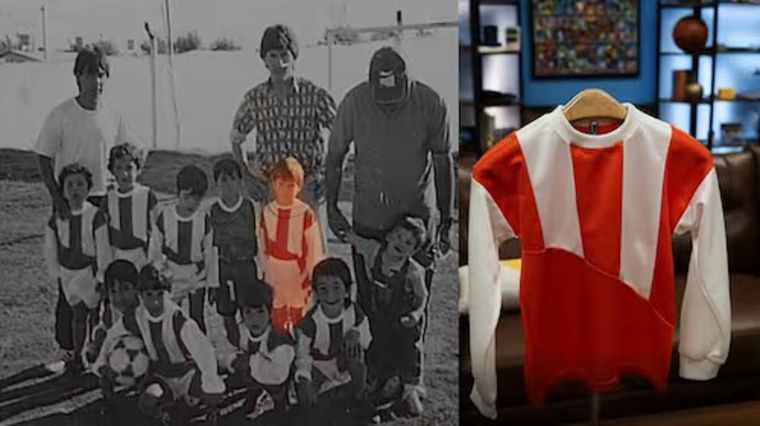 Lionel Messi junto a su categoría en Abanderado Grandoli a los 5 años y la camiseta que se subastará.