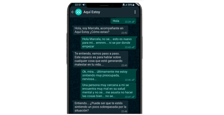 Aquí Estoy Chat, una plataforma de asistencia gratuita a personas que no se sienten bien emocionalmente. Foto: Aquí Estoy Chat