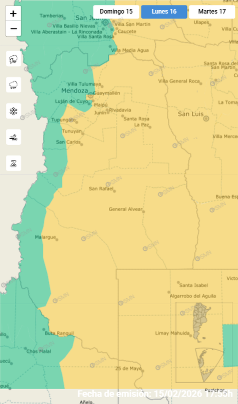 Mientras gran parte de Mendoza está en alerta por tormentas, Malargüe se encuentra bajo alerta por viento Zonda, con ráfagas que podrían alcanzar los 60 km/h. Mientras gran parte de Mendoza está en alerta por tormentas, Malargüe se encuentra bajo alerta por viento Zonda, con ráfagas que podrían alcanzar los 60 km/h.