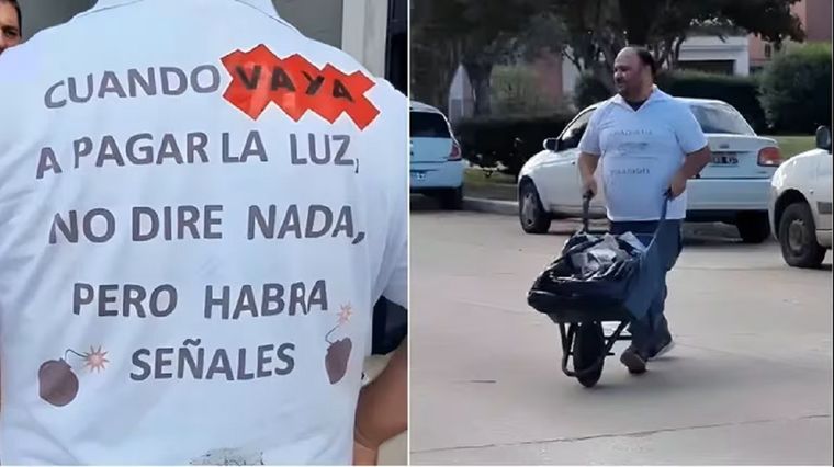 El hombre se hizo viral cuando fue a pagar una boleta de luz de $840 mil con billetes de $100 y $200 que transportó en una carretilla. Foto: Captura de video