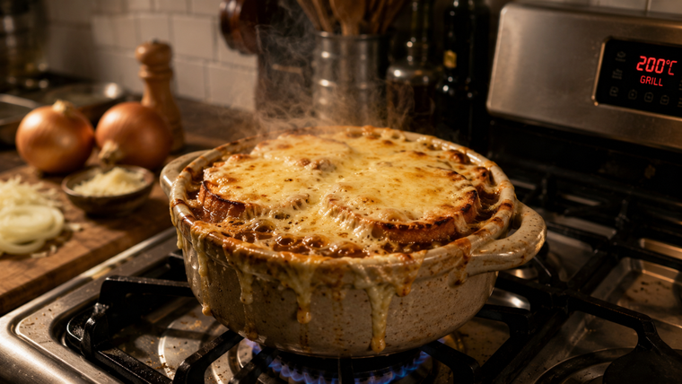 Receta súper rápida de sopa de cebolla gratinada Receta súper rápida de sopa de cebolla gratinada