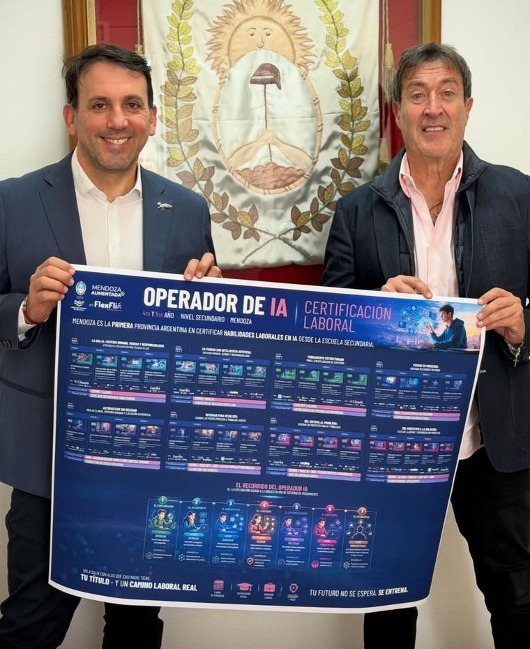Pablo Aristizábal, especialista en educación y tecnología, junto al ministro de Educación Tadeo García Zalazar están comenzando con la implementación del programa “Mendoza Aumentada”&nbsp;