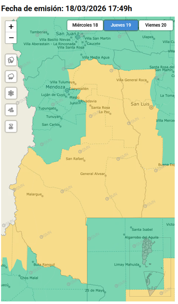 As&iacute; mostraba el Servicio Meteorol&oacute;gico Nacional las zonas en alerta amarilla para este jueves.&nbsp;