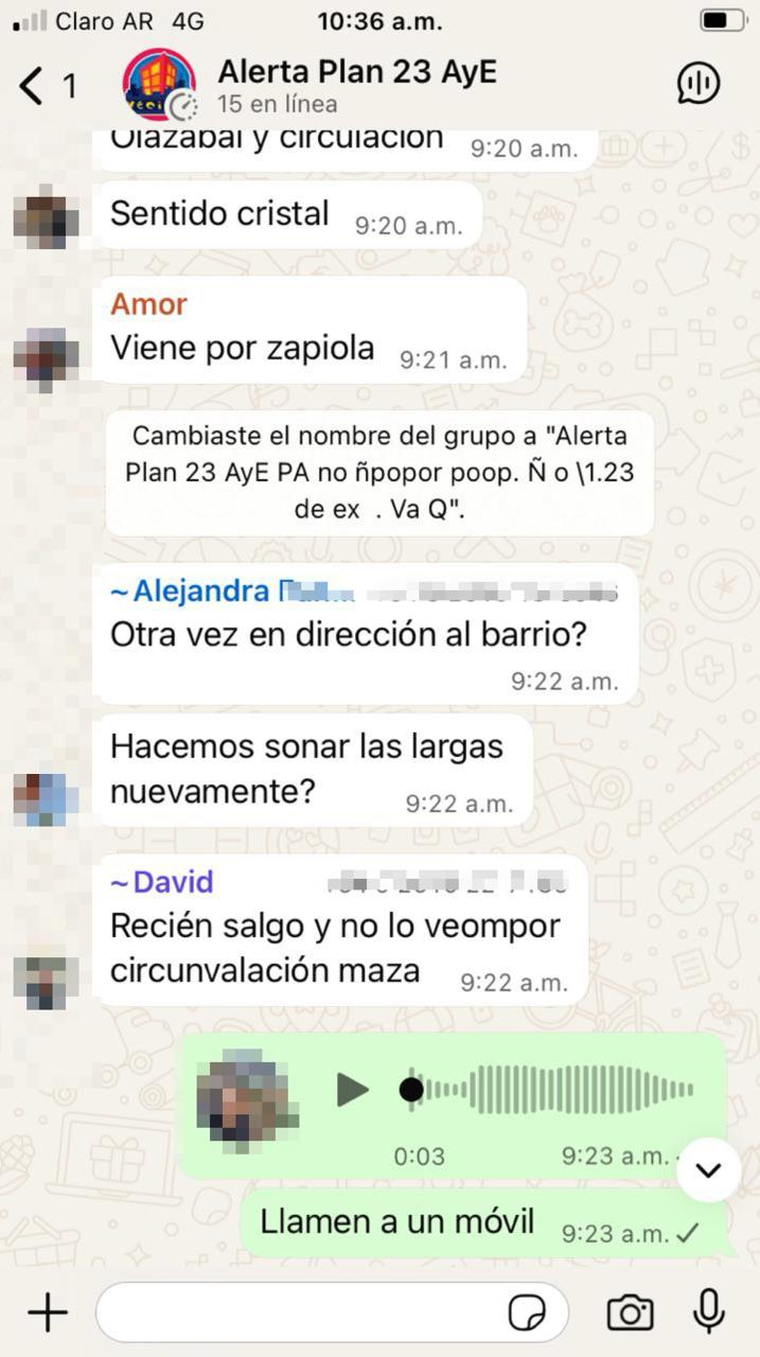 El grupo de WhatsApp mientras el ladrón era detenido por uno de los vecinos. El grupo de WhatsApp mientras el ladrón era detenido por uno de los vecinos.