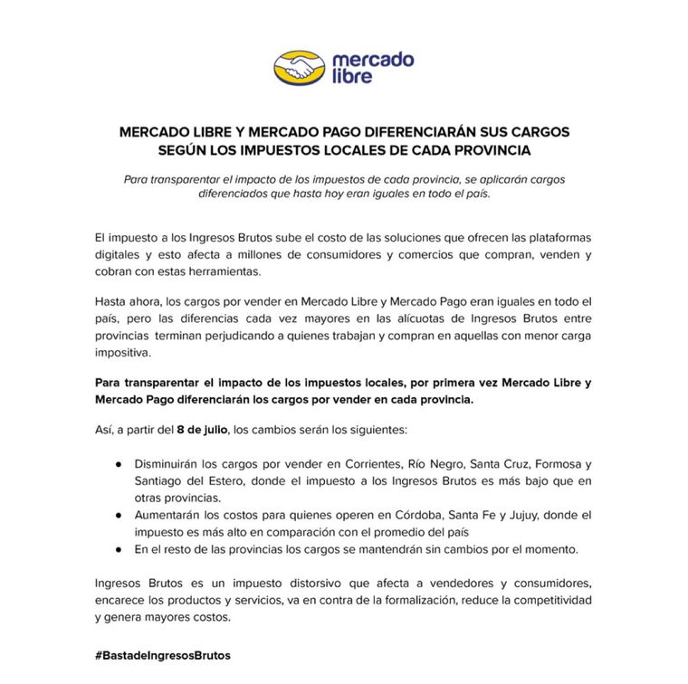 mercado libre mercado pago comunicado ingresos brutos.jpeg