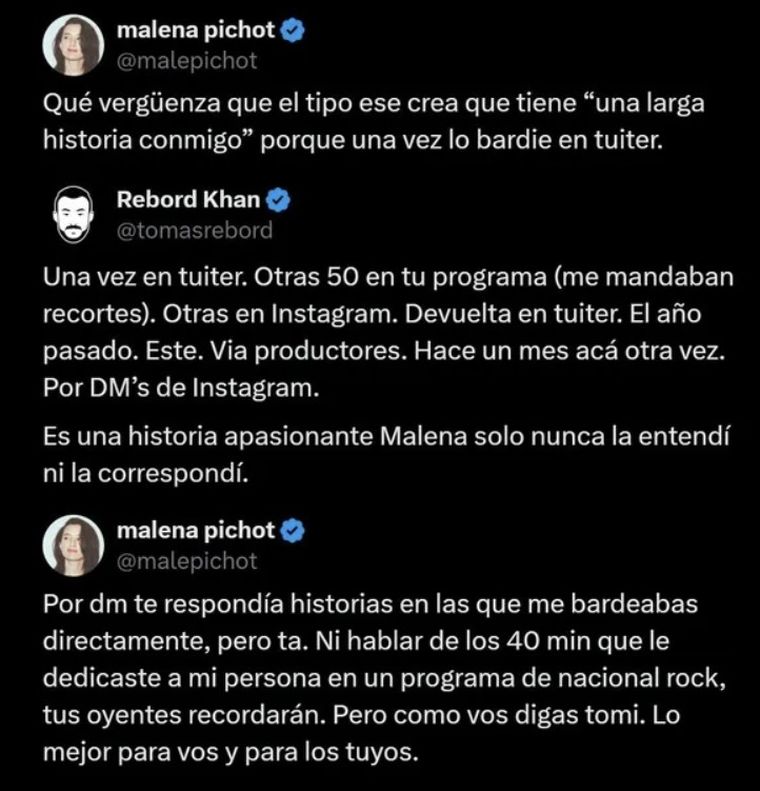 La pelea en redes sociales de Rebord y Malena Pichot. Foto: X La pelea en redes sociales de Rebord y Malena Pichot. Foto: X