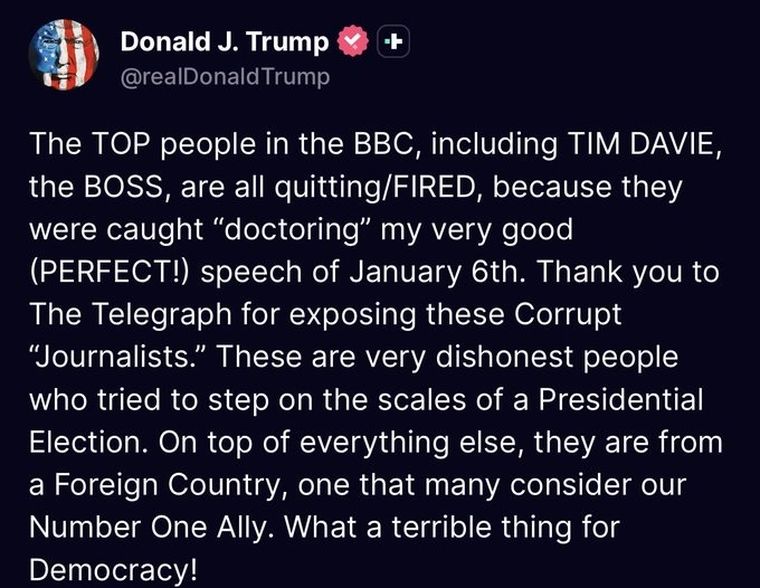 El mensaje de Donald Trump en su red social, Truth Social. El mensaje de Donald Trump en su red social, Truth Social.
