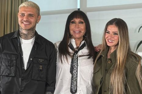 Moria Casán junto a Eugenia Suárez y Mauro Icardi tras la charla. Moria Casán junto a Eugenia Suárez y Mauro Icardi tras la charla.