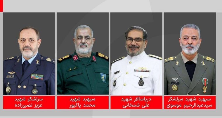Jefe de Estado Mayor Mousavi, Secretario de Defensa Shamkhani, Comandante del CGRI Pakpour, Ministro de Defensa Nasirzadeh