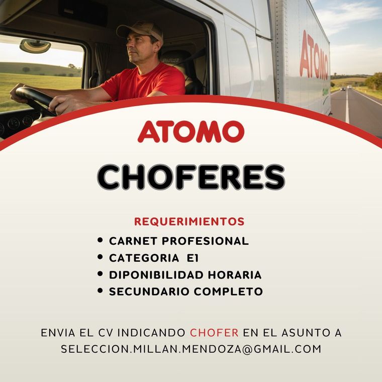 La oferta de trabajo para choferes de Átomo Supermercados. Foto: Bolsa de Empleo- Mendoza La oferta de trabajo para choferes de Átomo Supermercados. Foto: Bolsa de Empleo- Mendoza