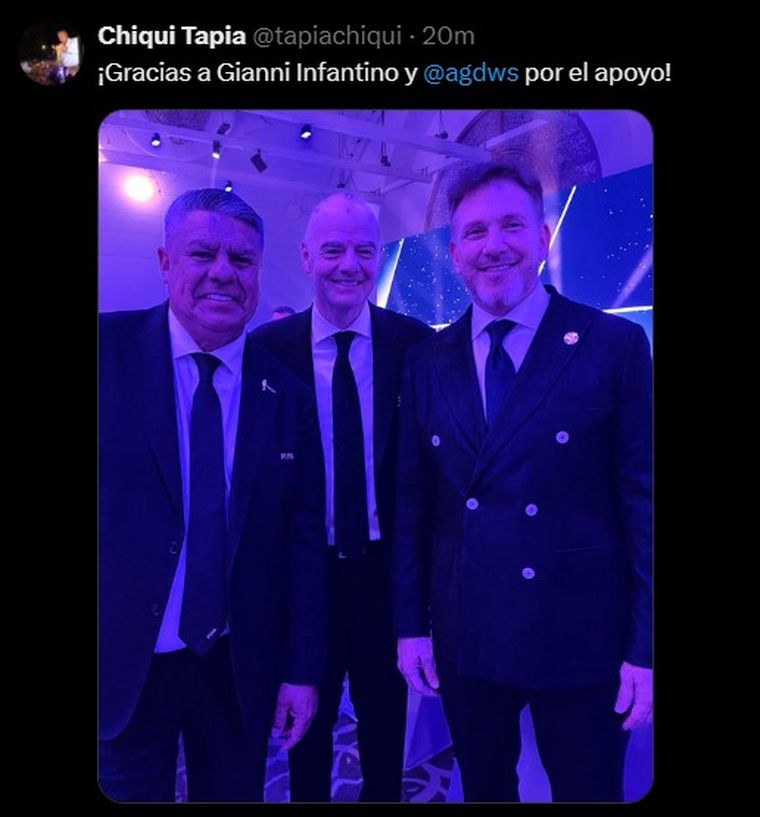 EL posteo de Tapia junto a Infantino y Domínguez. Fuente: X EL posteo de Tapia junto a Infantino y Domínguez. Fuente: X