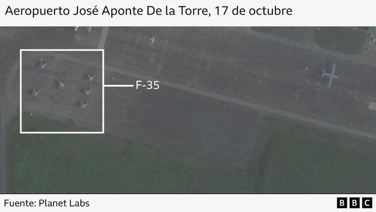 Imagen satelital que muestra aviones F-35 estadounidenses en la pista.