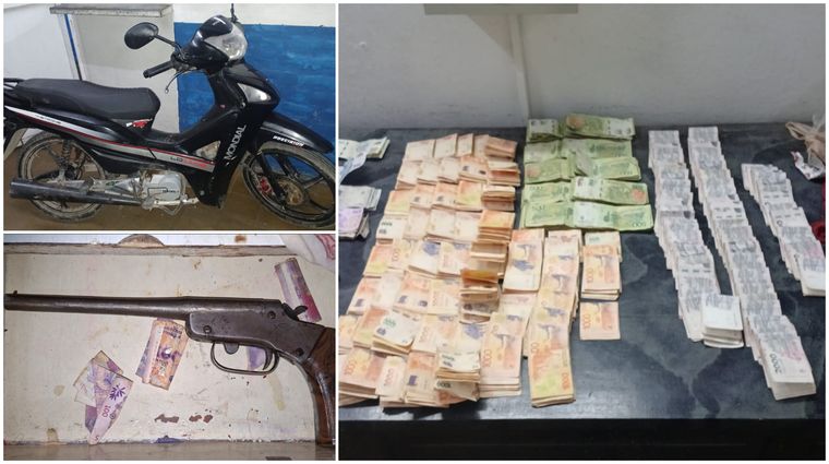 La Mondial y dinero recuperado tras el robo y el pistolón secuestrado a la víctima del asalto. La Mondial y dinero recuperado tras el robo y el pistolón secuestrado a la víctima del asalto.