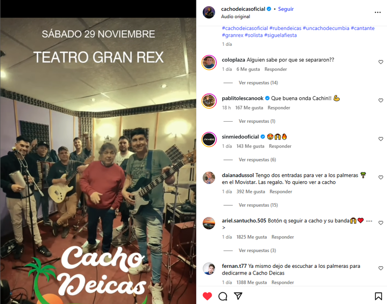 Cacho Deicas vuelve a los escenarios tras alejarse de Los Palmeras. Foto: captura de pantalla Instagram/ @cachodeicasoficial. Cacho Deicas vuelve a los escenarios tras alejarse de Los Palmeras. Foto: captura de pantalla Instagram/ @cachodeicasoficial.