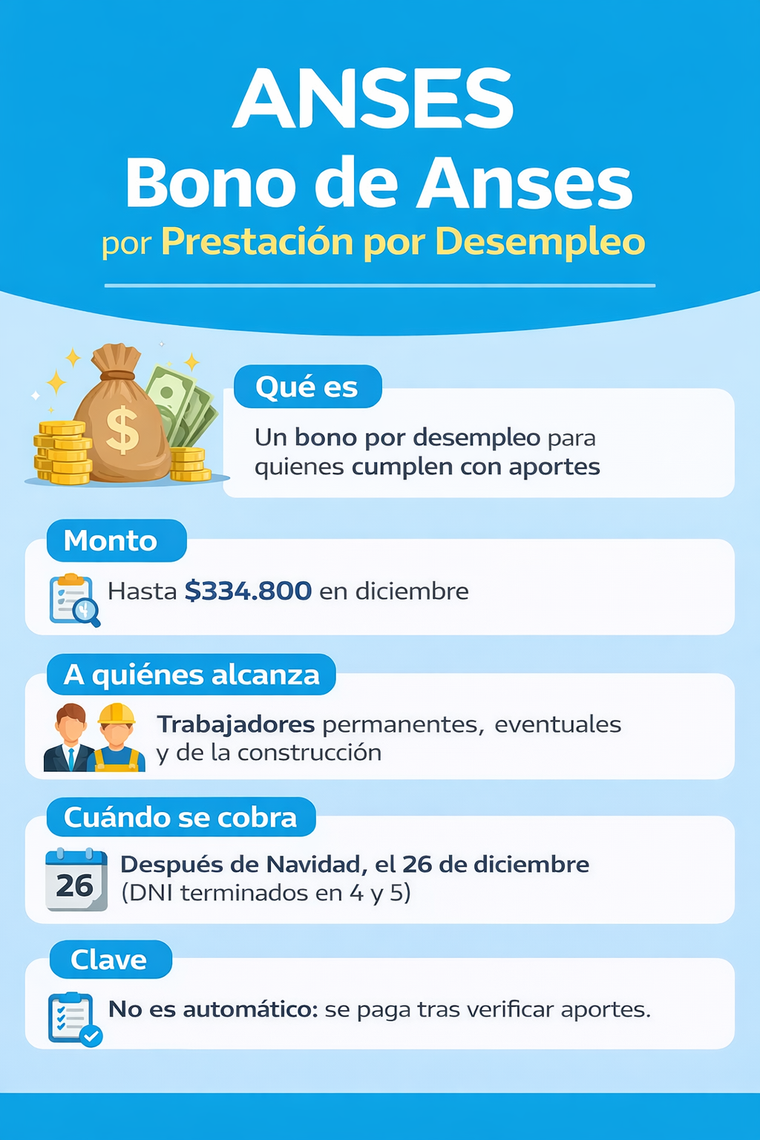 La Anses paga después de Navidad un bono por Prestación por Desempleo que puede alcanzar los $334.800. La Anses paga después de Navidad un bono por Prestación por Desempleo que puede alcanzar los $334.800. 