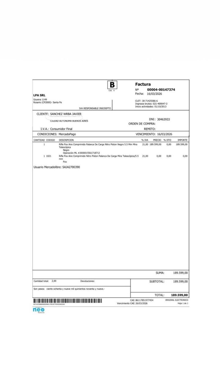 La factura del rifle de aire comprimido que Javier Sánchez Wrba compró por Mercado Libre.