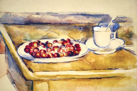 La obra "Naturaleza muerta con cerezas", de Cézanne, es especial porque fue pintada en acuarela, un medio que el artista solo utilizó al final de su vida. La obra "Naturaleza muerta con cerezas", de Cézanne, es especial porque fue pintada en acuarela, un medio que el artista solo utilizó al final de su vida.