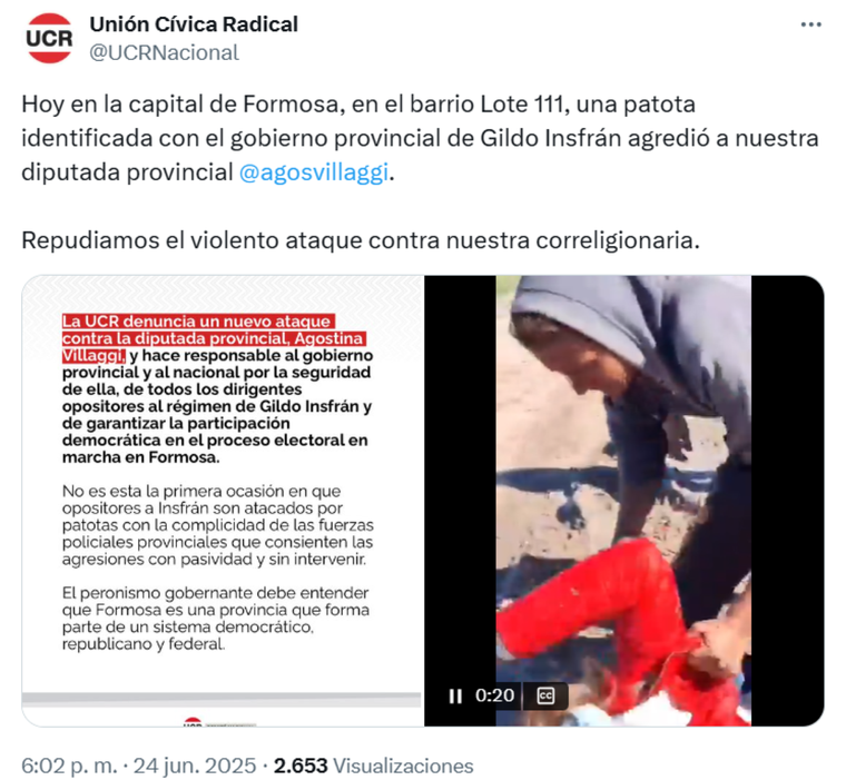 Descargo de la UCR tras el ataque a la diputada provincial en Formosa. Descargo de la UCR tras el ataque a la diputada provincial en Formosa.