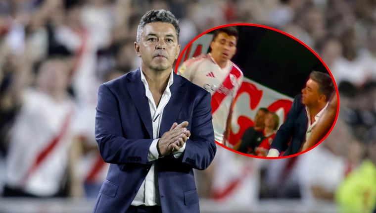 Gallardo y Acuña tuvieron un encontronazo en el primer tiempo. Foto: Fotobaires y captura ESPN