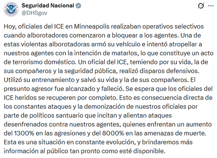 El comunicado de la agencia federal de Estados Unidos luego del asesinato de una mujer en Minneapolis durante una redada de migración. El comunicado de la agencia federal de Estados Unidos luego del asesinato de una mujer en Minneapolis durante una redada de migración.