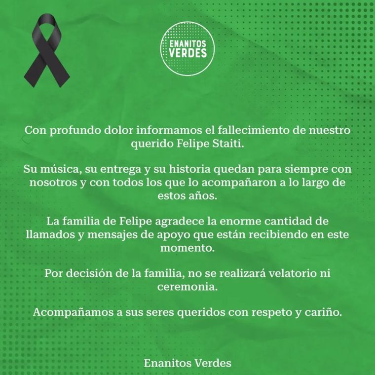 El comunicado de Enanitos Verdes por el fallecimiento del guitarrista. El comunicado de Enanitos Verdes por el fallecimiento del guitarrista.