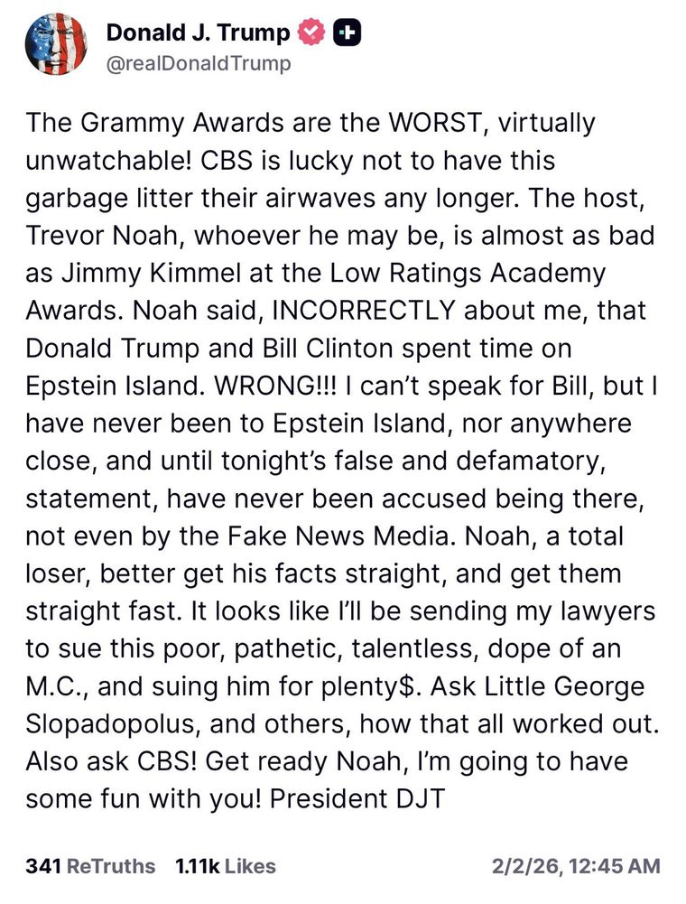 La respuesta de Trump a los comentarios del conductor de los Grammys Trevor Noah sobre su relación con la Isla de Epstein. La respuesta de Trump a los comentarios del conductor de los Grammys Trevor Noah sobre su relación con la Isla de Epstein.