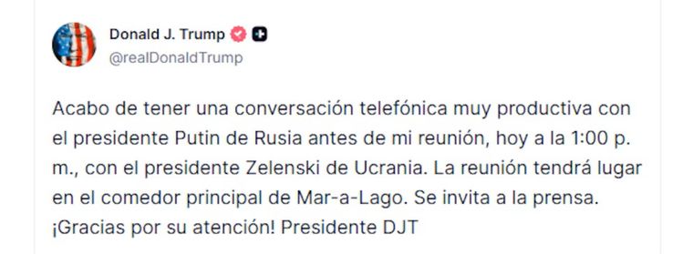 El mensaje de Donald Trump sobre el diálogo con Putin. El mensaje de Donald Trump sobre el diálogo con Putin.