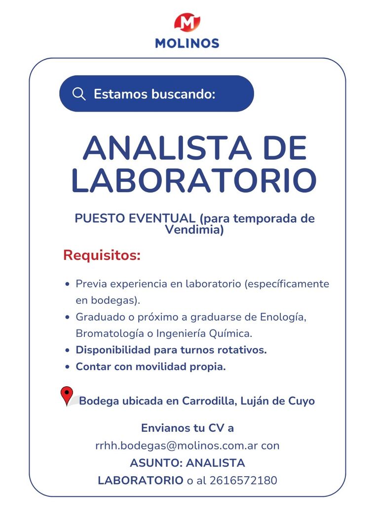 Molinos busca personal para temporada de vendimia. Foto: Bolsa de trabajo- Mendoza Molinos busca personal para temporada de vendimia. Foto: Bolsa de trabajo- Mendoza