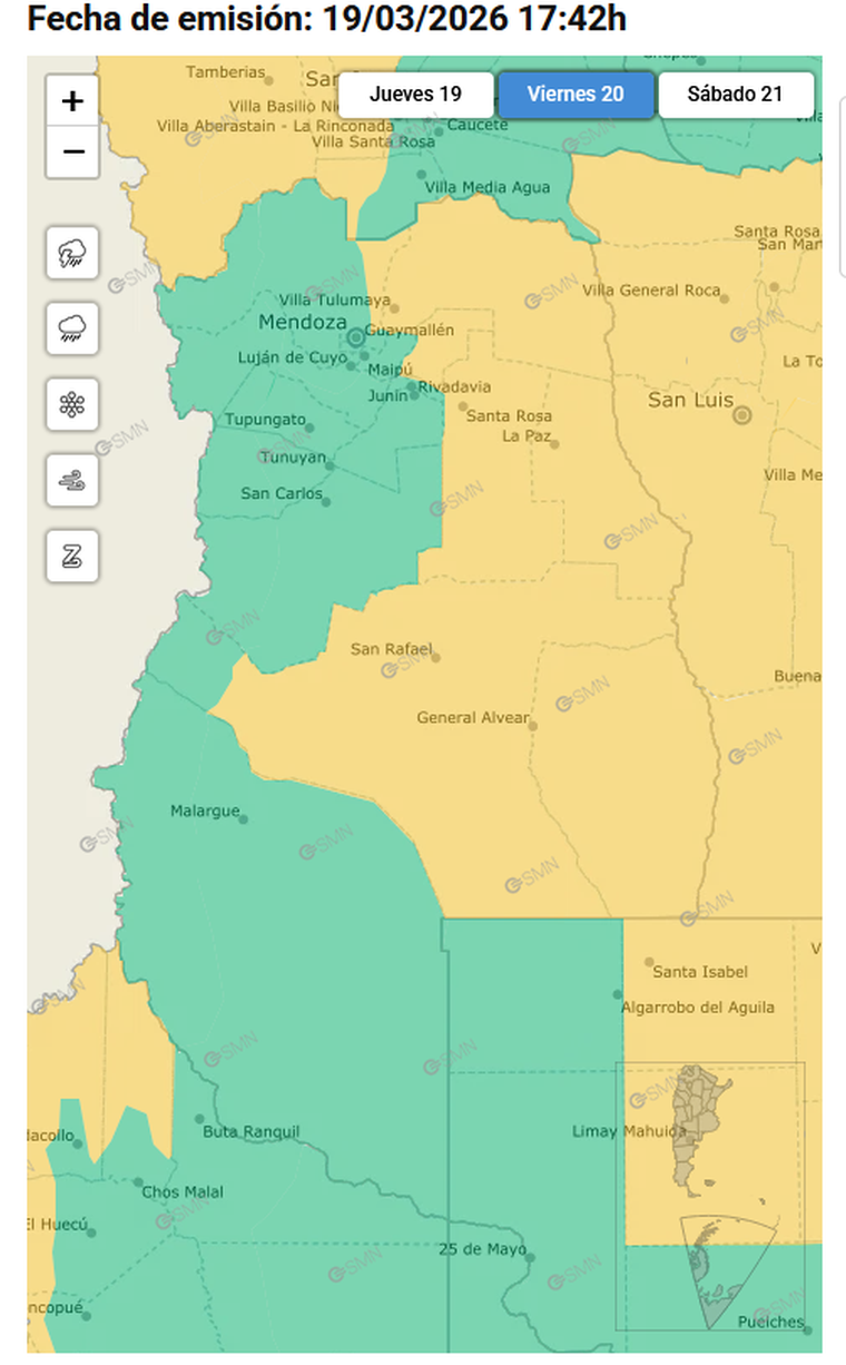 Así se muestra el mapa de alertas tempranas del SMN para este viernes 20 de marzo. Así se muestra el mapa de alertas tempranas del SMN para este viernes 20 de marzo. 