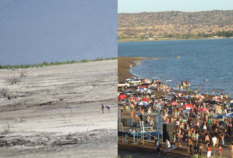El mismo lugar. A la izquierda el Ullum hoy, a la derecha hace un año.