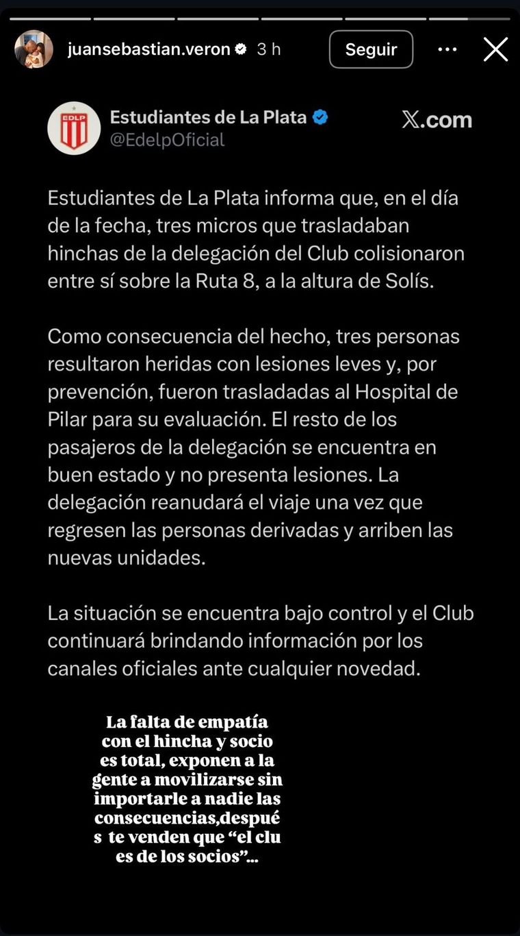 La historia de Instagram que publicó Verón tras el choque de los micros de Estudiantes rumbo a Santiago para la final del Clausura. La historia de Instagram que publicó Verón tras el choque de los micros de Estudiantes rumbo a Santiago para la final del Clausura.