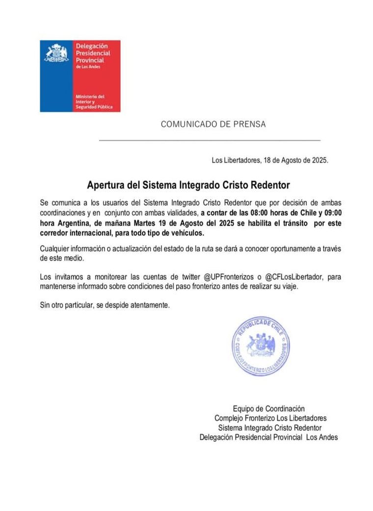 Informaron que abre el paso Cristo Redentor para cruzar a Chile. Informaron que abre el paso Cristo Redentor para cruzar a Chile.