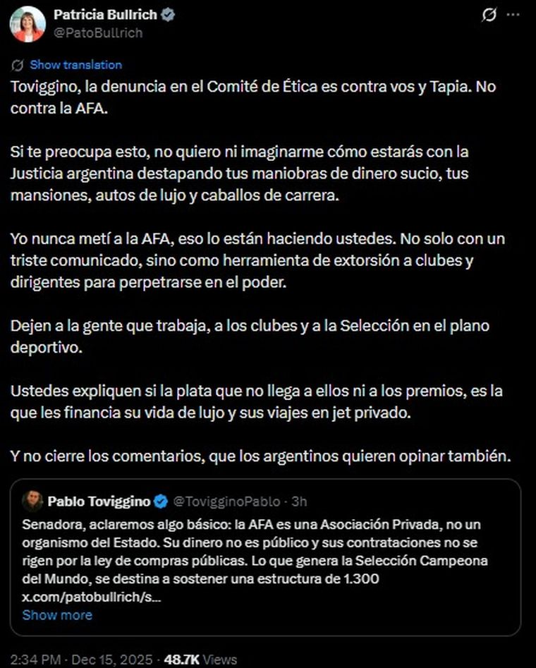 Bullrich redobló la apuesta contra Toviggino. Foto: X