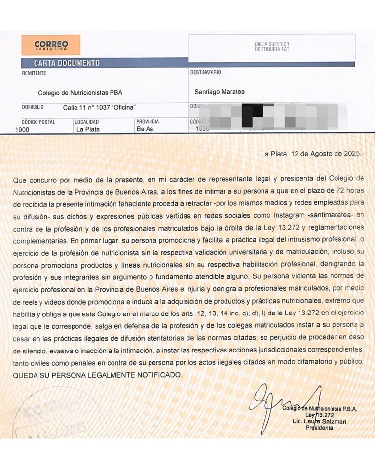 La denuncia del Colegio de nutricionistas contra Santiago Maratea. La denuncia del Colegio de nutricionistas contra Santiago Maratea.