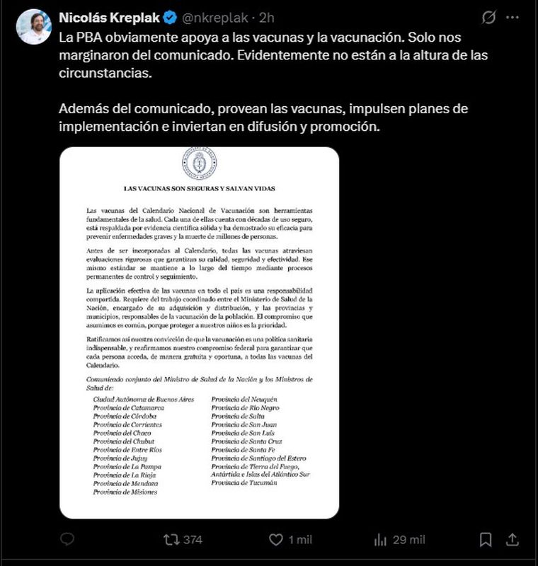 El posteo de Nicolás Kreplak