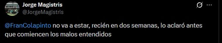 El tuit de Jorge Magistris que sembró dudas sobre la presencia de Franco Colapinto en el shakedown de Barcelona. El tuit de Jorge Magistris que sembró dudas sobre la presencia de Franco Colapinto en el shakedown de Barcelona.