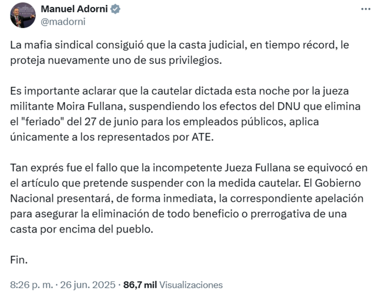 El vocero Presidencial, Manuel Adorni, aseguró que el Gobierno apelará la cautelar de la justicia. El vocero Presidencial, Manuel Adorni, aseguró que el Gobierno apelará la cautelar de la justicia.