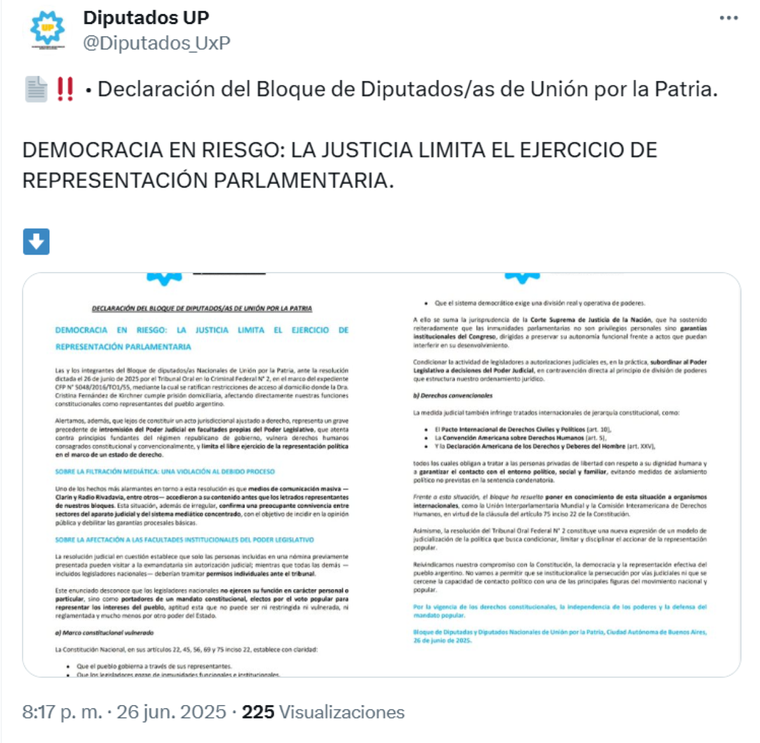 Diputados nacionales de Unión por la Patria se plantan contra el Tribunal Oral N° 2. Diputados nacionales de Unión por la Patria se plantan contra el Tribunal Oral N° 2.