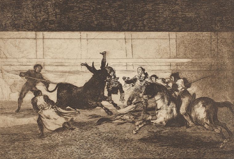 Estampa N. 38E, Espanto y confusión en la defensa del chulo cogido, de Francisco de Goya/ Serie Tauromaquia, 1818/ Técnica: aguafuerte, aguatinta y punta seca / Medidas: 25.7 x 36.5 cm Foto: Obras de Bellas Artes