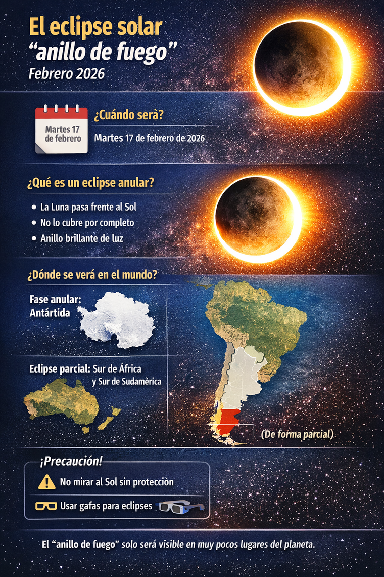 El fen&oacute;meno conocido como anillo de fuego solo podr&aacute; verse en su fase completa en zonas muy espec&iacute;ficas del planeta.