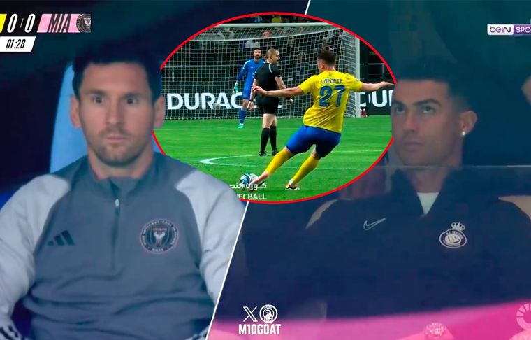 Messi, desde el banco de suplentes. Cristiano Ronaldo, desde el palco. Ambos reaccionaron al golazo de mitad de cancha de Laporte para el rápido 3-0 del Al Nassr Foto: Captura BeIN Sports