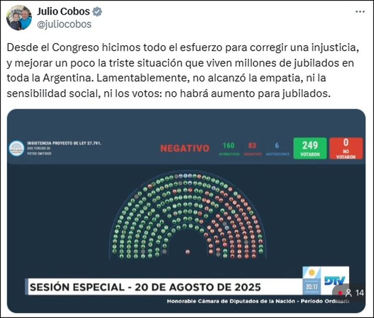 El posteo de Julio Cobos en X. El posteo de Julio Cobos en X.