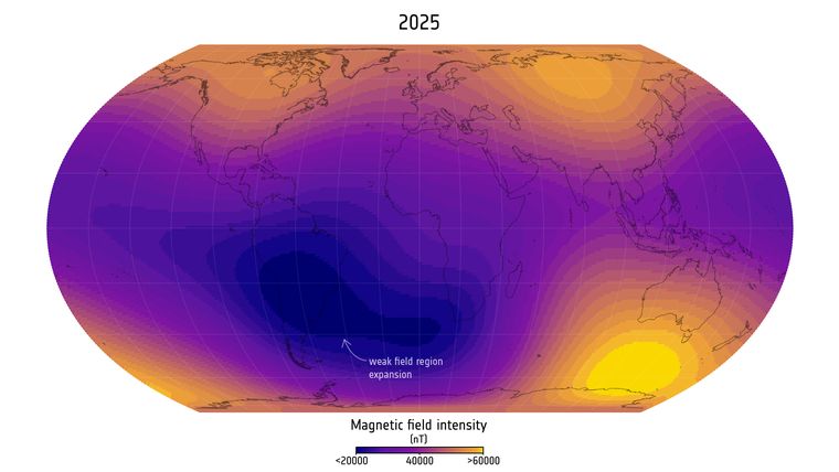 Para 2025, la región débil del campo magnético terrestre se amplió de forma visible sobre el Atlántico Sur, abarcando gran parte de Argentina, Brasil, Uruguay y el sur de África. Para 2025, la región débil del campo magnético terrestre se amplió de forma visible sobre el Atlántico Sur, abarcando gran parte de Argentina, Brasil, Uruguay y el sur de África.