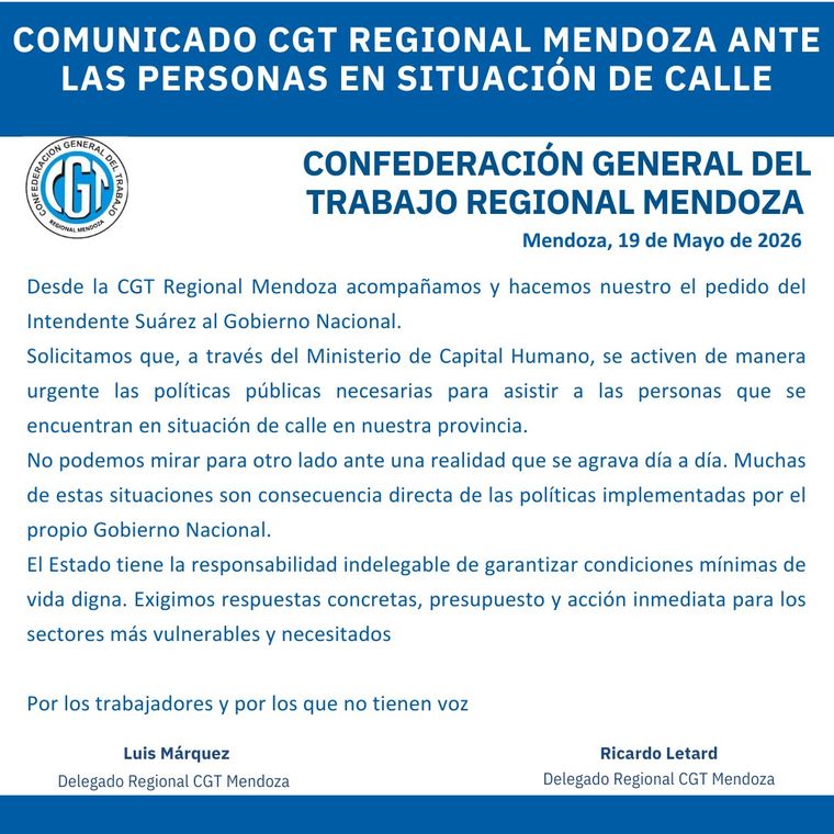 Comunicado CGT Mendoza en respaldo a Ulpiano Suarez por la gente en situación de calle. Comunicado CGT Mendoza en respaldo a Ulpiano Suarez por la gente en situación de calle.